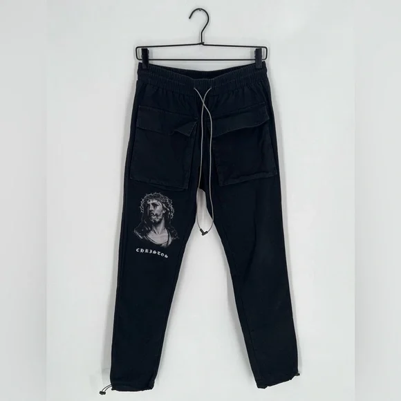 Christos New York Jesus Print Cargo Drawstring Black Jogger Trouser Pants